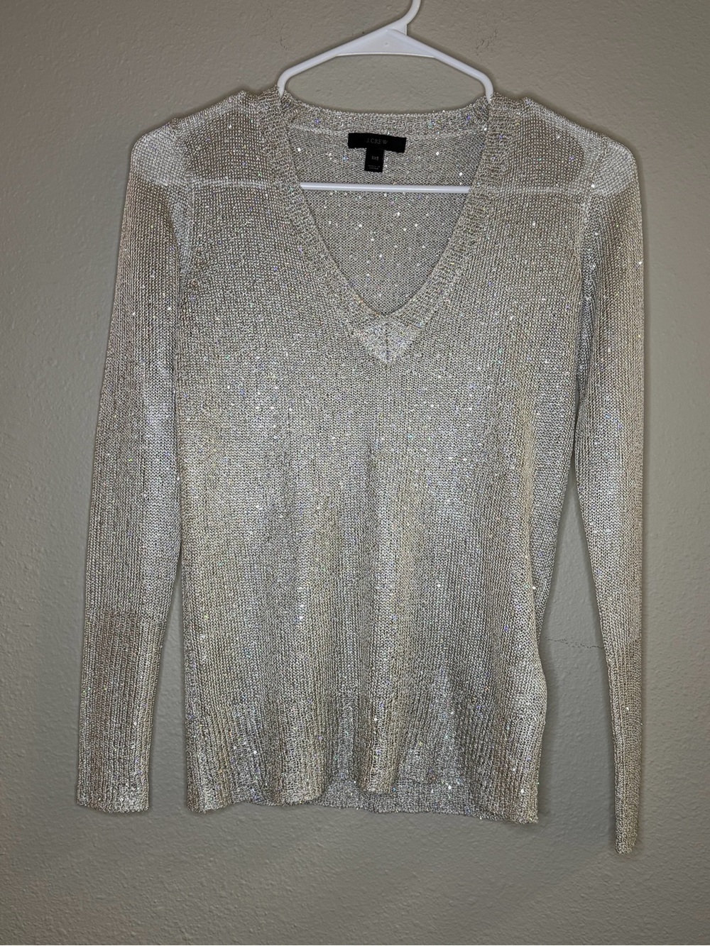 J. Crew Women's XXS Sweater Silver Glitter Lightweight V-Neck Viscose Polyester